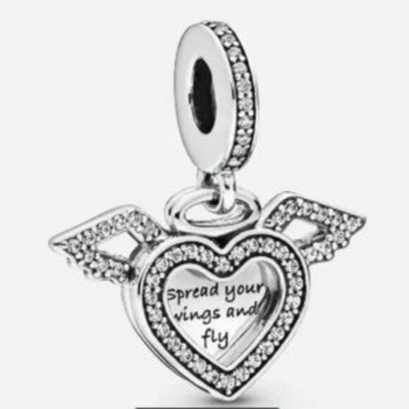 Pandora Jewelry Heart and Angel Wings Dangle Cubic Zirconia Charm in Sterling Si - Picture 1 of 3